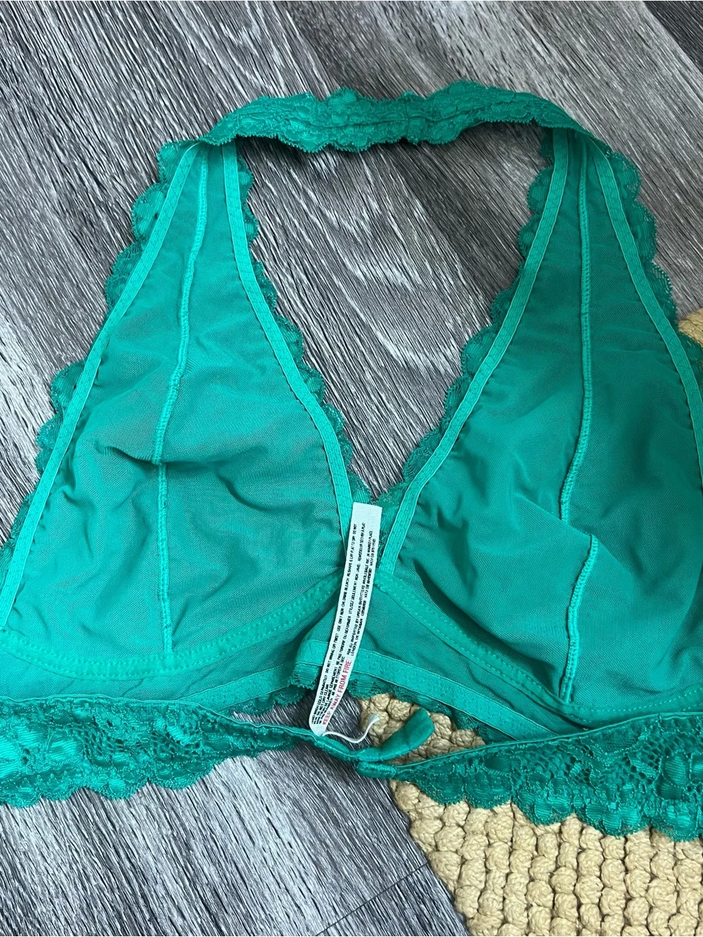 Intimately Free People green lace halter bralette bra cottage core emerald boho